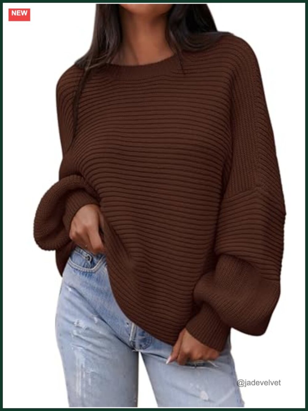 Oversized Chunky Knit Pullover Sweater, Lantern Sleeve, Crew Neck, Fall Winter